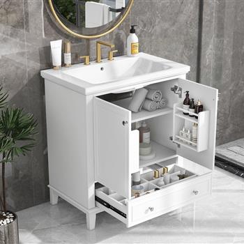 30\\" Bathroom Vanity with Sink Combo, Multi-functional Bathroom Cabinet with Doors and Drawer, Solid Frame and MDF Board, White