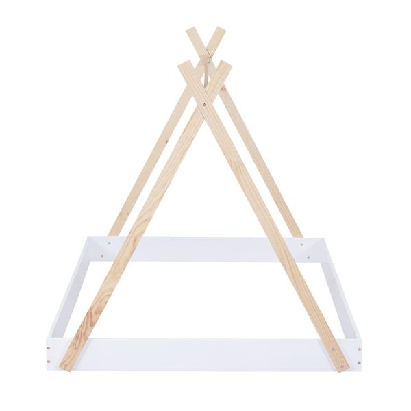 Full Size Tent Floor Bed with Triangle Structure, White+Natural