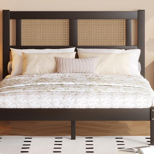 Full Size Wooden Platform Bed with Natural Rattan Headboard, Exquisite Elegance with Minimalist Charm for Bedroom, Black