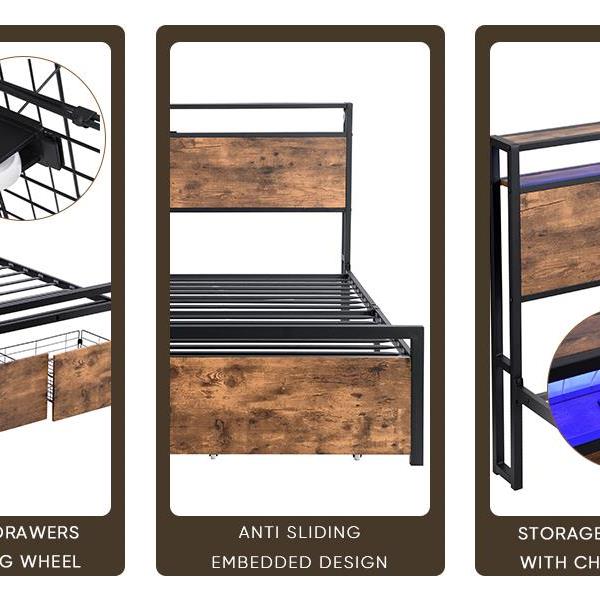 Full Size Bed Frame with Storage Headboard and 2 Drawers, LED Lights Bed with Charging Station, Metal Platform Bed No Noise, Mattress Foundation Strong Metal Slats Support No Box Spring Needed