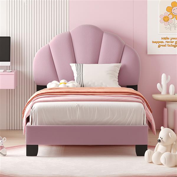 Twin Size Upholstered Velvet Platform Bed with Shell-Shaped Headboard, Pink