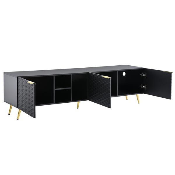 Modern Minimalist Geometric TV Cabinet with Metal Handles and Gold Legs for TVs Up to 80'', Multi-functional TV Stand with Storage Cabinets, Entertainment Center for Living Room, Black