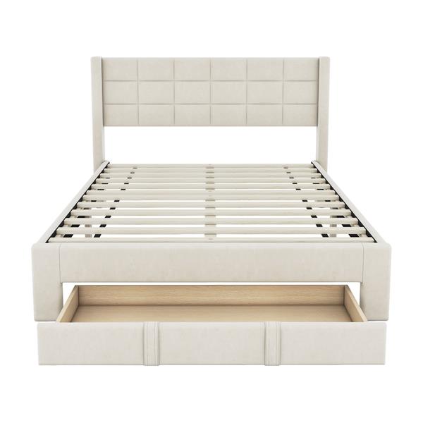 Queen Size Upholstered Platform Bed with A Big Drawer, Beige