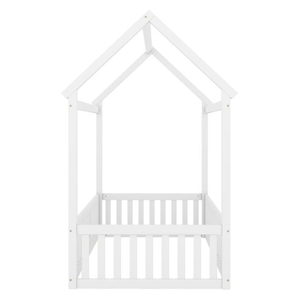 Twin Size Wood House Bed with Fence and Door, White