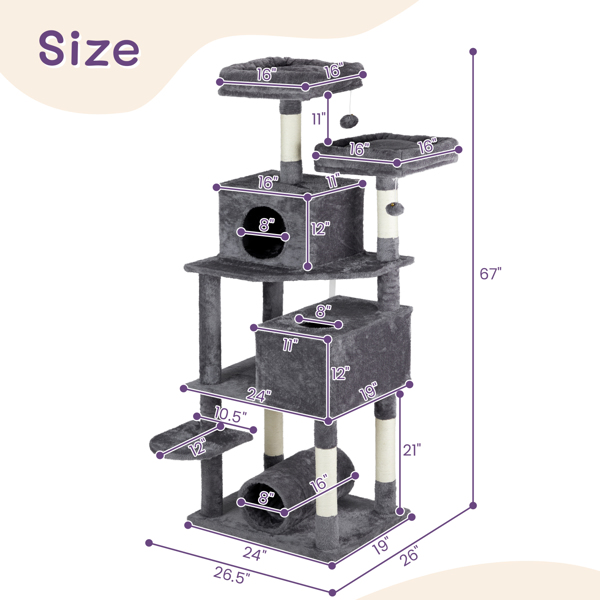 65 inch Cat Tree Cat Tower for Indoor Cats, Large Multi-Level Cat Play House Condo Furniture with Padded Platform Beds, Large Cozy Condos, Sisal Scratching Posts, Toy Balls and Cat Play Tunnel, Dark G