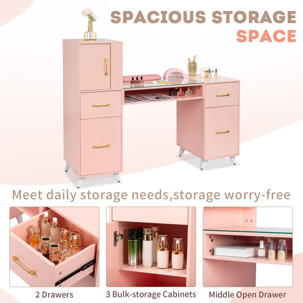 FCH pink relief particle board tempered glass 141*50*112cm three doors and two drawers fanless nail table