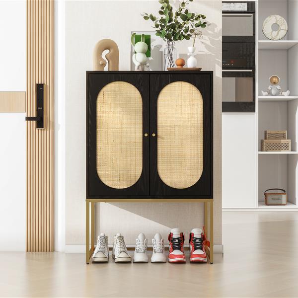 2 Door High Cabinet,Natural Rattan 2 Door high cabinet, Built-in adjustable shelf, Easy Assembly, Free Standing Cabinet for Living Room Bedroom,Hallway