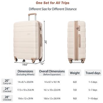 Luggage Sets New Model Expandable ABS Hardshell 3pcs Clearance Luggage Hardside Lightweight Durable Suitcase sets Spinner Wheels Suitcase with TSA Lock 20\\'\\'24\\'\\'28\\'\\'( Ivory and lden)