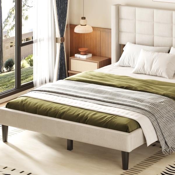 Queen Size Upholstered Platform Bed with Support Legs, Beige