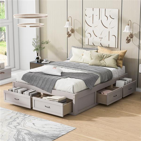 Queen Size Platform Bed with 6 Storage Drawers,Antique White