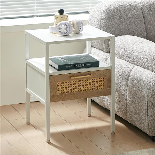 15.75" Rattan End table with  drawer, Modern nightstand, metal legs,side table for living room, bedroom,white(1 pc)