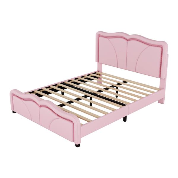 Full Size Upholstered Platform Bed with Curve Shaped and Height-adjustbale Headboard,LED Light Strips,Pink