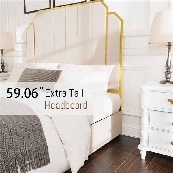 Queen Size Bed Frame and 59.06" Headboard, Upholstered Bed with lden Plating Trim, Modern Platform Bed No Box Spring Needed, Cream