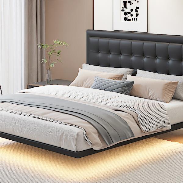 Queen Size Floating Bed Frame with Motion Activated Night Lights,Modern PU Upholstered Button Tufted Platform Bed Frame,Black