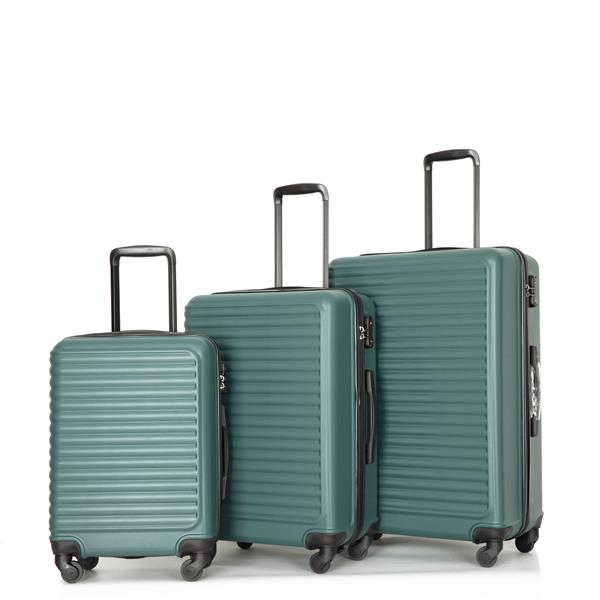 3 Piece Luggage Sets ABS Lightweight Suitcase with Two Hooks, Spinner Wheels, TSA Lock, (20/24/28) Green