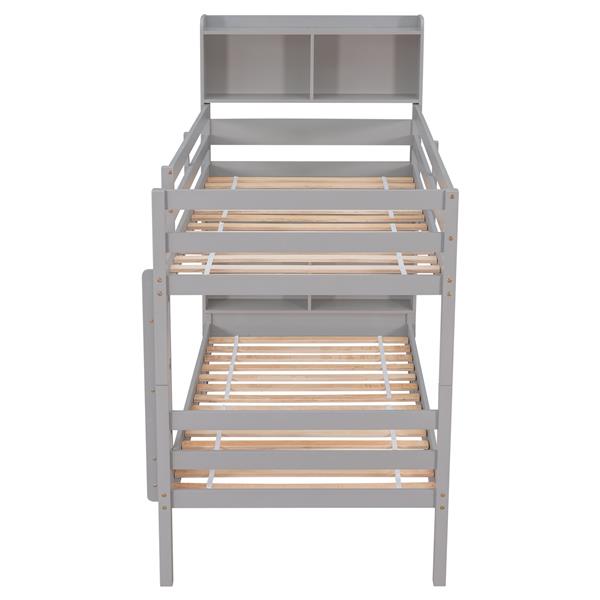 Twin Over Twin Bunk Beds with Bookcase Headboard, Solid Wood Bed Frame with Safety Rail and Ladder, Kids/Teens Bedroom, Guest Room Furniture, Can Be converted into 2 Beds, Grey