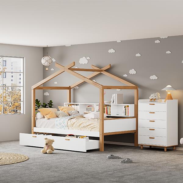 White Twin Size Wooden House Bed Original Wood Colored Frame with Two Drawers and Bookshelf Storage Space for Children or Guest Room