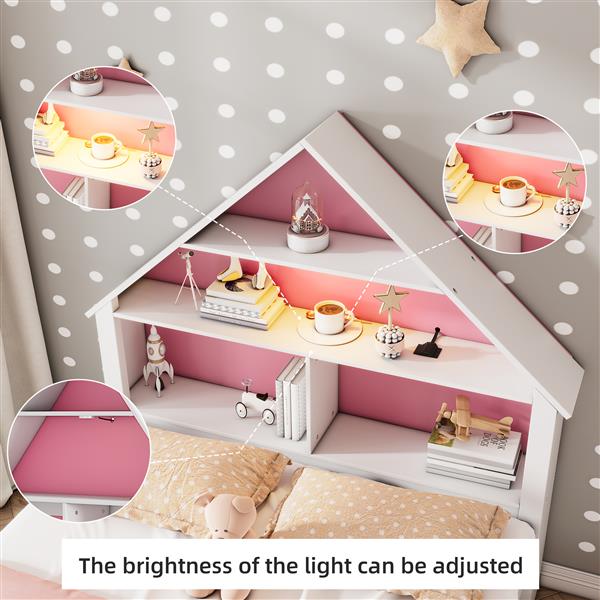 Twin Size House-Shaped Bed with Bookcase Headboard and Led Light and Twin Size Trundle for Kids Boys Girls, Pink+ White