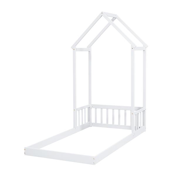 Twin House-shaped Roof Headboard Floor Bed,,(without slats),White