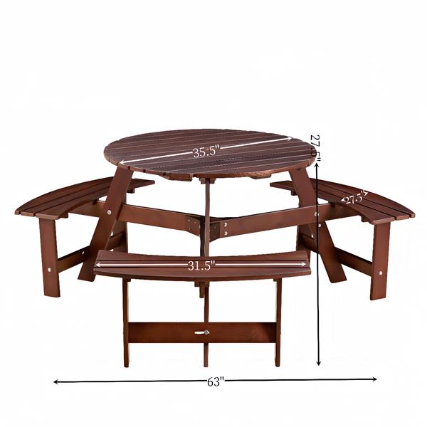 Outdoor 6 Person Picnic Table, 6 person Round Picnic Table with 3 Built-in Benches, Umbrella Hole, Outside Table and Bench Set for Garden, Backyard, Porch, Patio, Brown