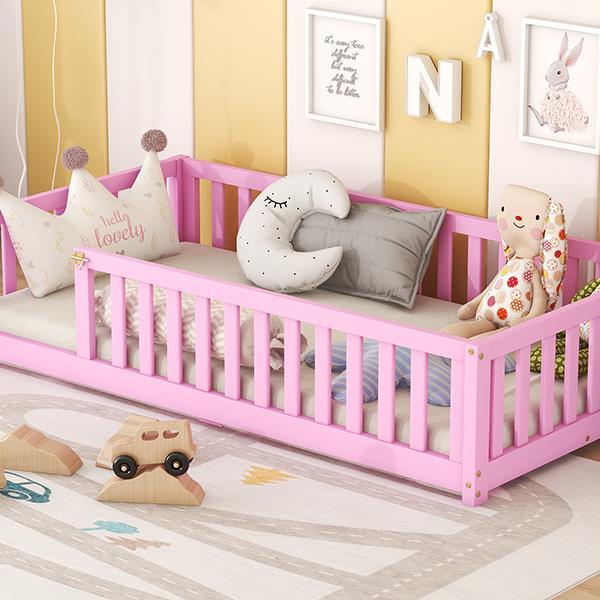 Twin Size Bed Floor Bed with Safety Guardrails and Door for Kids, Pink