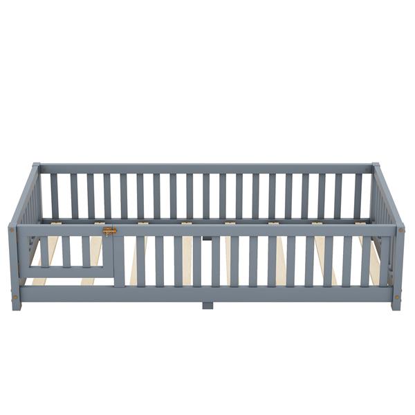 Twin Size Bed Floor Bed with Safety Guardrails and Door for Kids, Gray