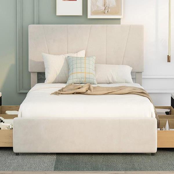 Full Size Upholstery Platform Bed with Four Drawers on Two Sides, Adjustable Headboard, Beige