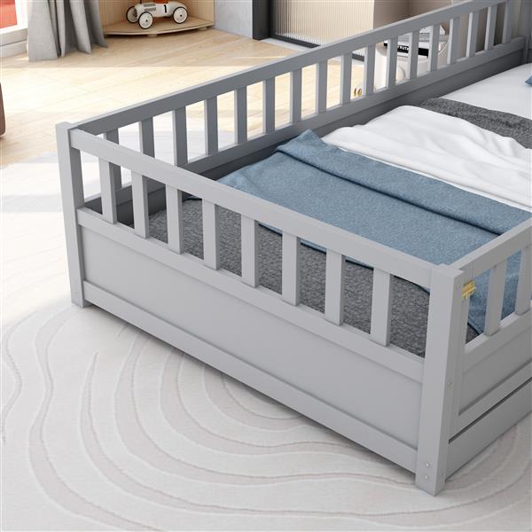 Twin Size Floor bed, integral construction with super high security barrier, door, children's floor bed frame, Montessori wooden children's floor bed,  Grey