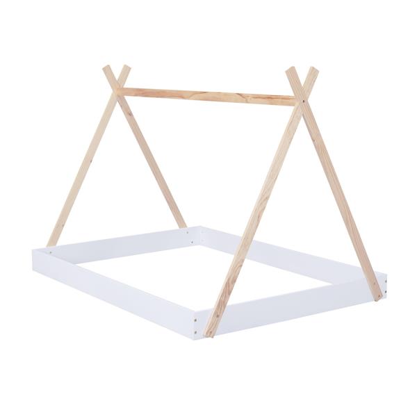 Full Size Tent Floor Bed with Triangle Structure, White+Natural