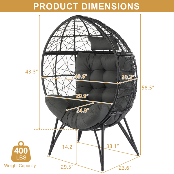 Wicker Egg Chair, Oversized Indoor Outdoor Lounger with Soft Cushions, Teardrop Cuddle Seat for Patio Porch Backyard Living Room Balcony, Black Rattan & Grey Cushion