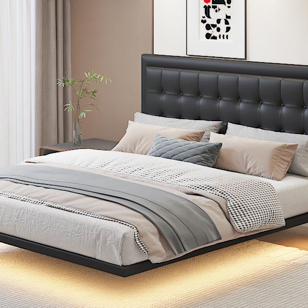 Queen Size Floating Bed Frame with Motion Activated Night Lights,Modern PU Upholstered Button Tufted Platform Bed Frame,Black