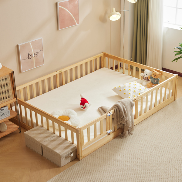 Fence bed with door and decking, natural wood color, painted surface, pine wood, full children's bed