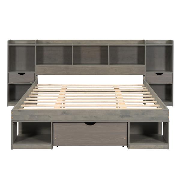 Queen Size Wood Platform Bed with Multi-storage Headboard and a Drawer, Gray