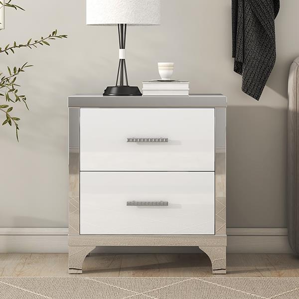 Elegant High Gloss Nightstand with Metal Handle,Mirrored Bedside Table with 2 Drawers for Bedroom,Living Room,White