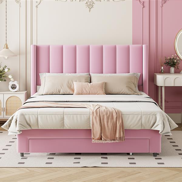 Full Size Storage Bed Velvet Upholstered Platform Bed with a Big Drawer - Pink