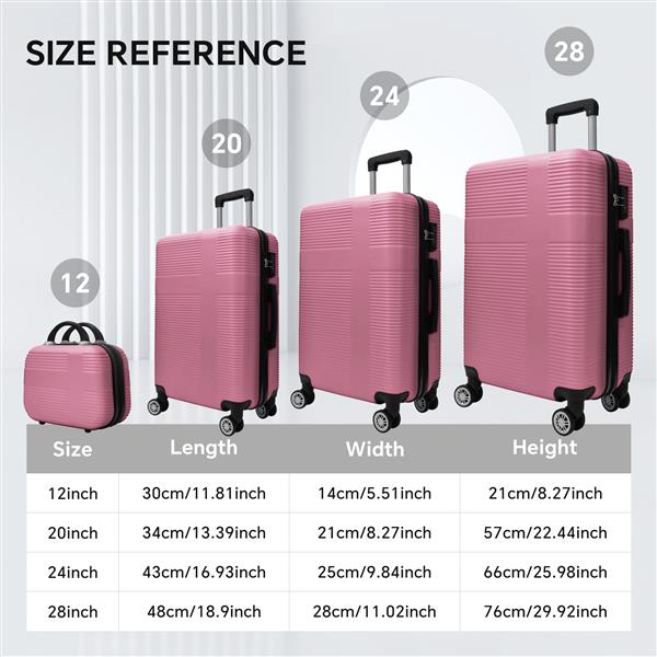 Luggage 4 Piece Set with Spinner Wheels, Hardshell Lightweight Suitcase with TSA Lock,Checked Luggage,Pink(12/20/24/28in)