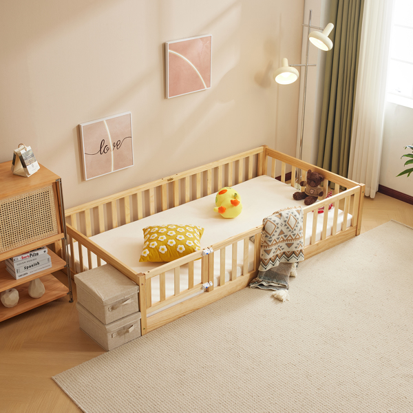 Fence bed with door and decking, natural wood color, painted surface, pine wood, twin children's bed