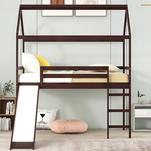 Twin Loft Bed with Slide, House Bed with Slide,Gray