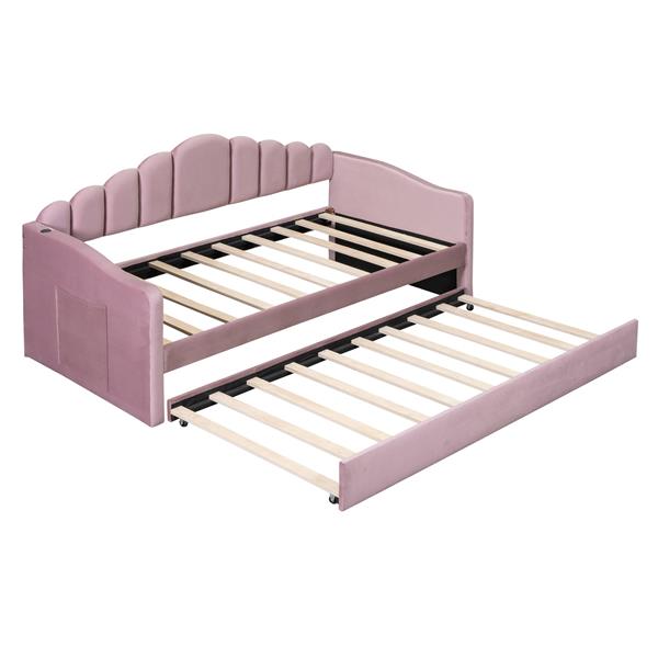 Twin size Upholstered Daybed with Trundle ,Velvet Sofabed with USB Charging Ports,No Box-spring Needed,Pink