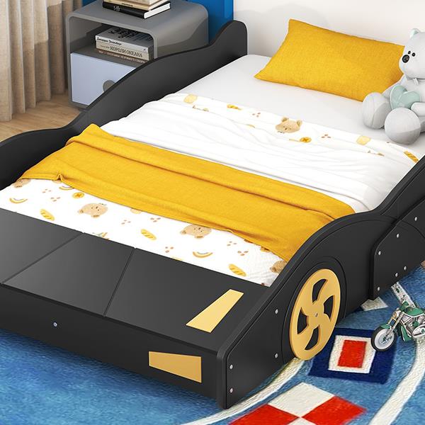 Full Size Race Car-Shaped Platform Bed with Wheels and Storage, Black+Yellow