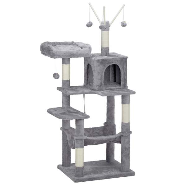 57 inch Cat Tree Cat Tower for Indoor Cats, Cat House with Padded Platform Bed, Toy Balls, Large Cozy Condo and Sisal Scratching Posts, Light Grey