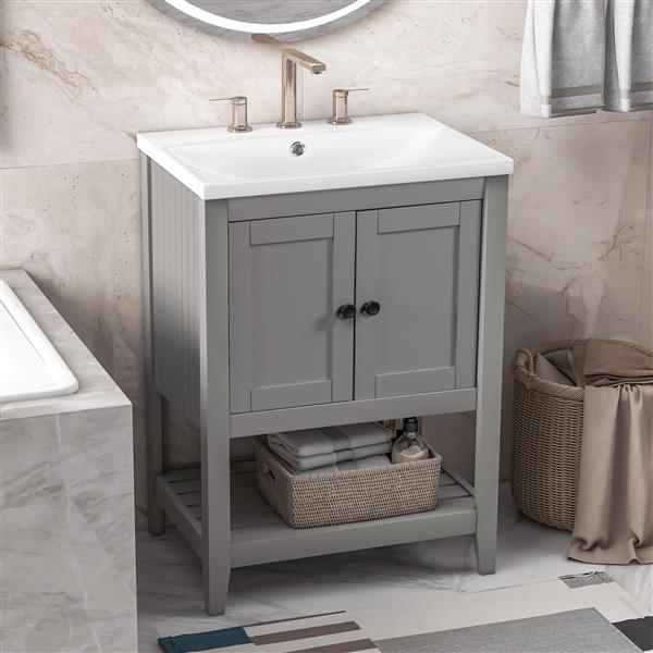 [VIDEO] 24" Grey Modern Sleek Bathroom Vanity Elegant Ceramic Sink with Solid Wood Frame Open Style Shelf