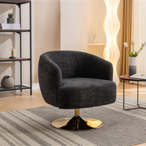 048-Chenille Fabric Swivel Chair With Gold Metal Round Base,Black