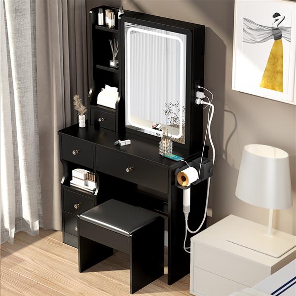 Small Space Left Drawer Desktop Vanity Table + Cushioned Stool, 2 AC+2 USB Power Station, Hair dryer bracket, Extra Large Touch Control Sliding LED Mirror, Tri-color Switching, Brightness Adjustable