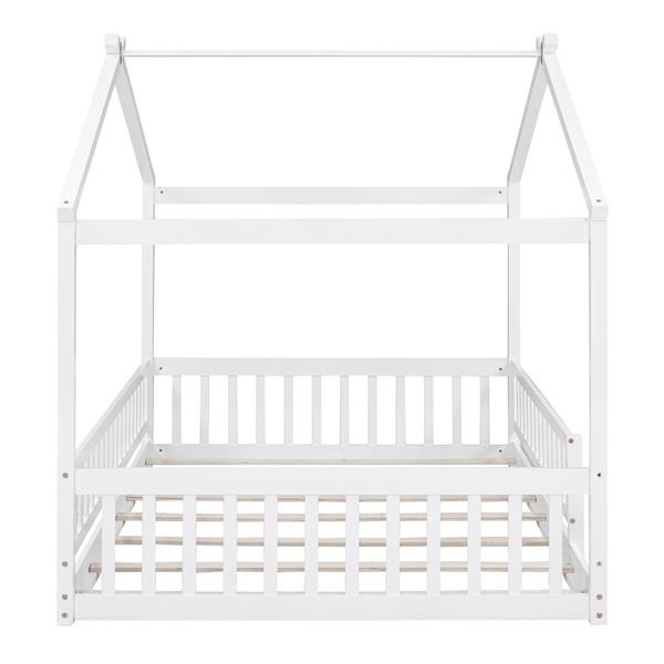 Full Size Wood Bed House Bed Frame with Fence, for Kids, Teens, Girls, Boys,White