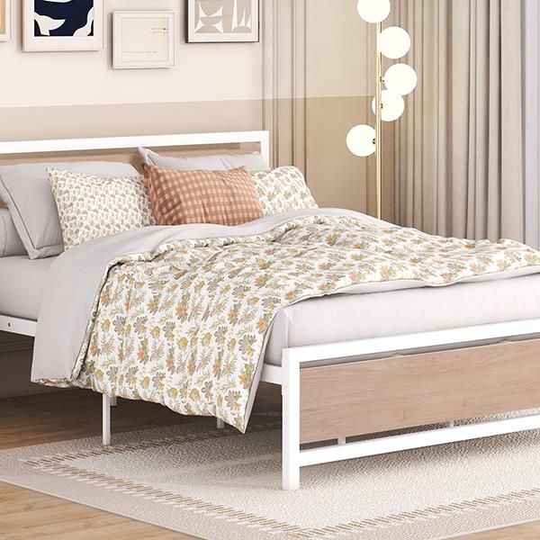 Queen Size Platform Bed, Metal and Wood Bed Frame with Headboard and Footboard , White