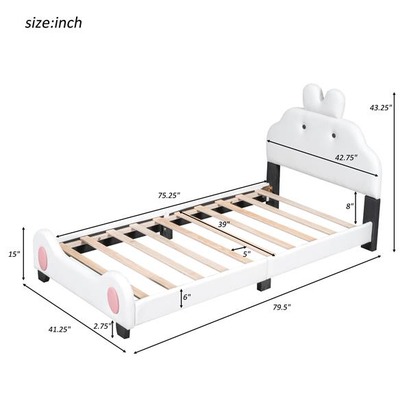 Twin Size Upholstered Platform Bed with Cartoon Headboard and Footboard, White+Pink