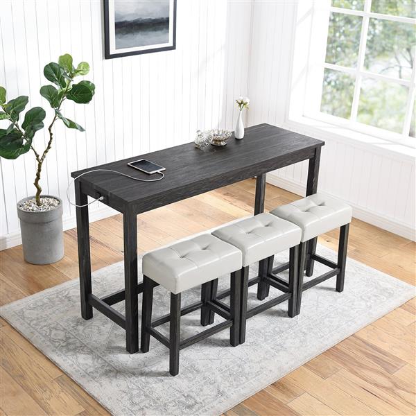 Bar Table Set with Power Outlet, Bar Table and Chairs Set, 4 Piece Dining Table Set, Industrial Breakfast Table Set, for Living Room, Dining Room, Game Room