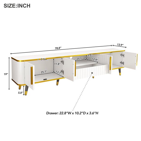 Luxury Minimalism TV Stand with Open Storage Shelf for TVs Up to 85", Entertainment Center with Cabinets and Drawers, Practical Media Console with Unique Legs for Living Room, White