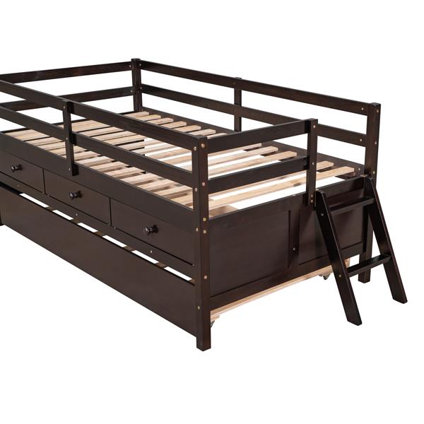 Low Loft Bed Twin Size with Full Safety Fence, Climbing ladder, Storage Drawers and Trundle Espresso Solid Wood Bed